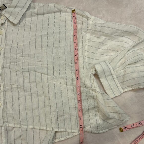 31 Fashion Linen Striped Cream Off White Set Long Sleeve Button Up Tank Top Crop - Picture 11 of 15